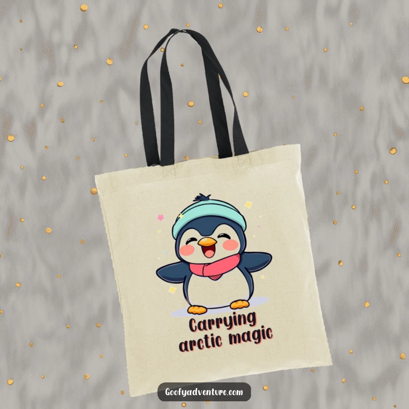 Funny tote bag with a joyful penguin playing under a display of vibrant, glowing aurora borealis lights.