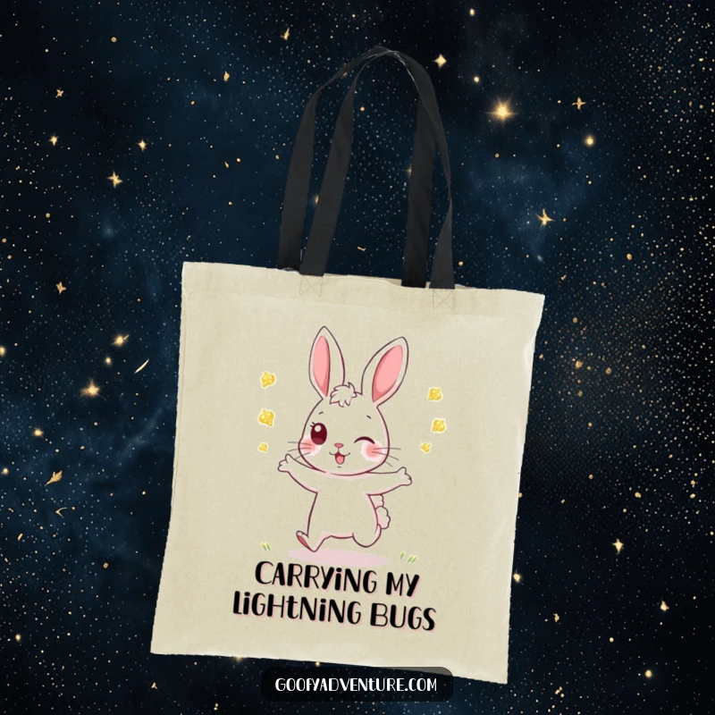 Funny Rabbit Tote Bag: An energetic rabbit plays tag with glowing fireflies, a humorous and practical bag for carrying your fun.
