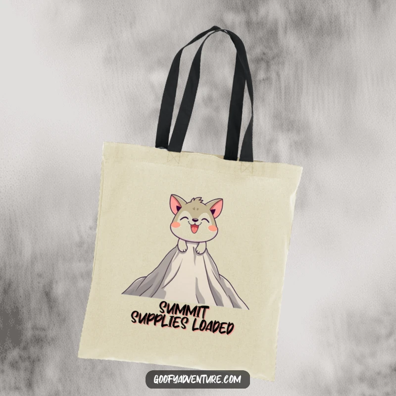Funny tote bag with a playful animal character determinedly scaling a massive mountain peak, ideal for adventurers.