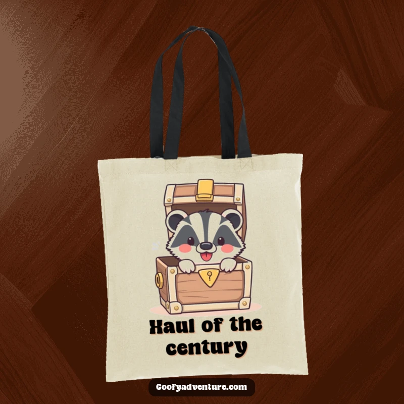 Funny tote bag with a smiling badger peeking from a treasure chest, symbolizing delightful discoveries.