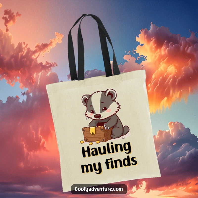 Funny Badger Tote Bag: A clever badger discovers a hidden treasure chest, a humorous and practical bag for carrying your valuables.