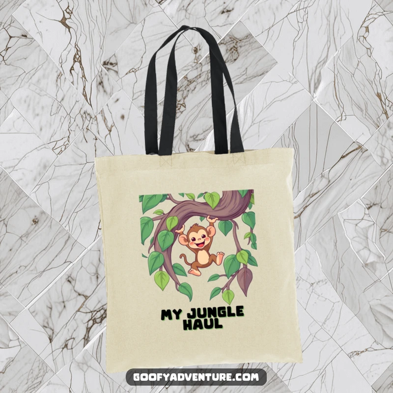 Funny durable tote bag with a cheerful monkey character swinging from a large, whimsical jungle vine.
