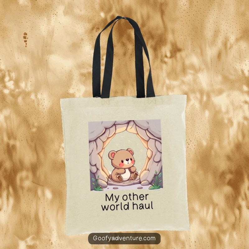 Funny tote bag with a curious bear cub discovering a shimmering portal to another dimension, symbolizing adventure.
